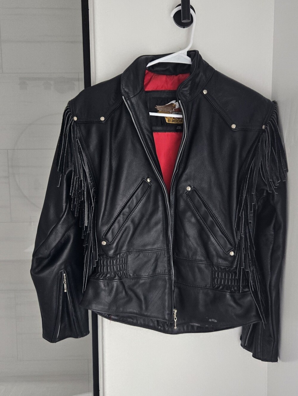 Harley-Davidson Black Leather Fringe Jacket with Red Lining XS